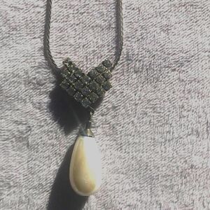 White faux Pearl drop pendant Vintage necklace with Aurora Borealis rhinestones